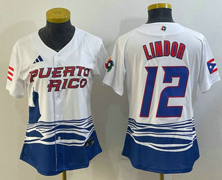 Womens Puerto Rico Baseball #12 Francisco Lindor 2023 White World Classic Stitched Jersey